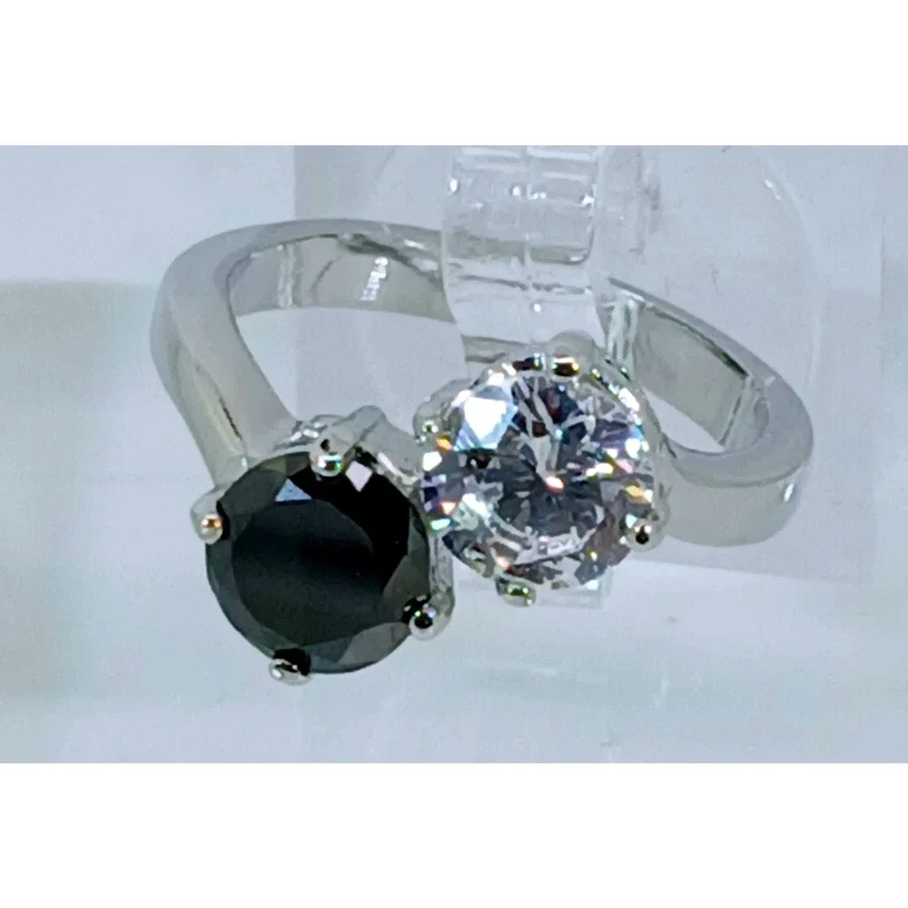 Vintage 90s Bypass Ring Black Clear CZ 2ctw Silver Tone Toi et Moi Ring Size 9
